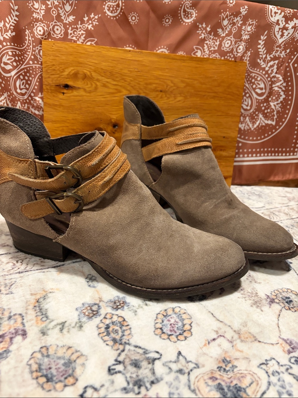 rebels Taupe Suede Cutout Ankle Booties with Buckle Straps